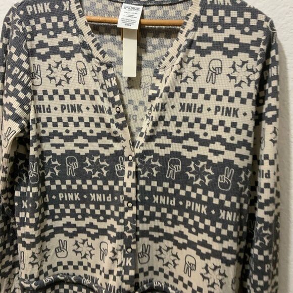 NWT Victoria's Secret PINK Thermal Sleep One Piece Pajama Black Fair Isle - Picture 6 of 13